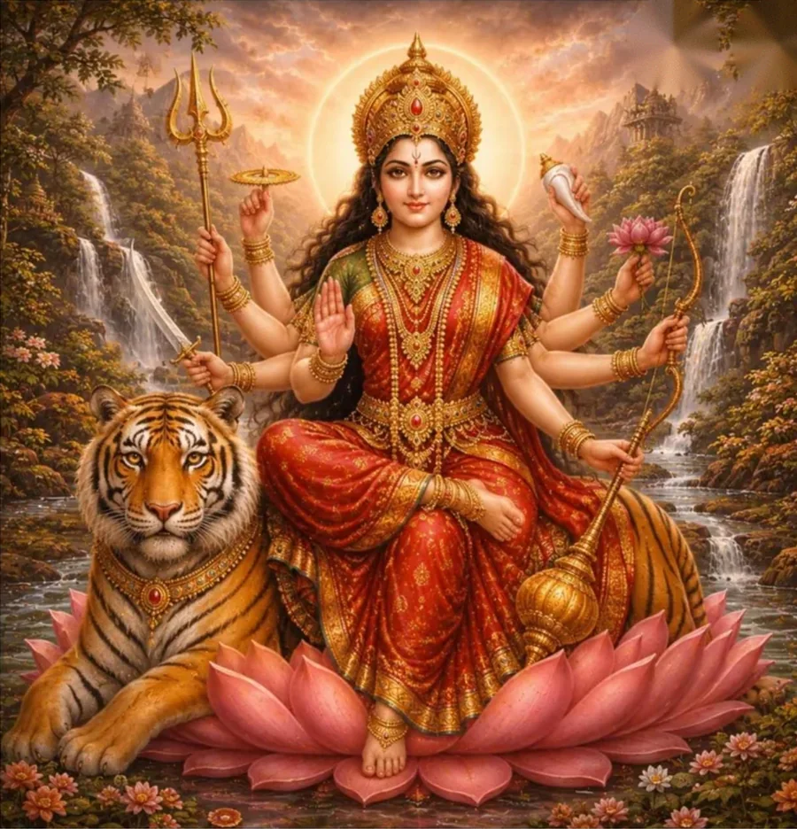 Ilustración de la diosa Durga, con ocho brazos, sentada sobre una flor de loto junto a un tigre, ante unas cascadas